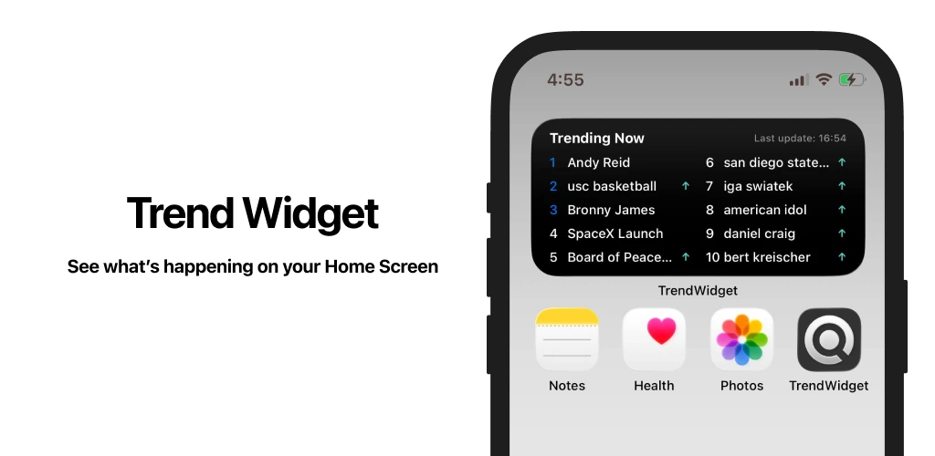 TrendWidget App Full Screen - Home screen widget displaying trending keywords ranked 1-10, AI search summary feature, news·videos·images search results shown in mobile app interface